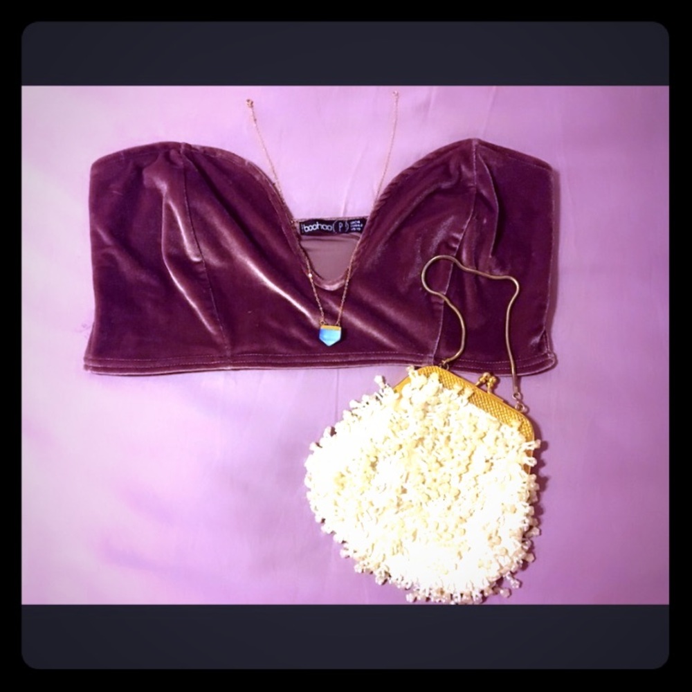 Purple Velvet Sweet-Heart Neckline Crop Top